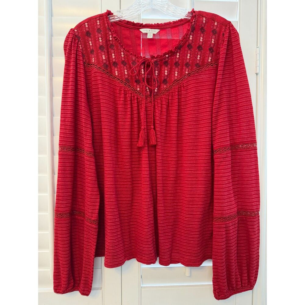 Lucky Brand Red Embroidered Tassel Peasant Boho Blouse Size Large